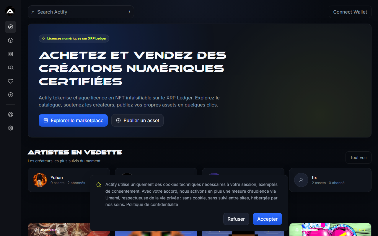 Actify marketplace homepage in French, showing the tagline 'Achetez et vendez des créations numériques certifiées', Explorer le marketplace and Publier un asset buttons, a row of featured artists, a Connect Wallet button in the navigation, and hero copy describing XRP Ledger-based NFT licensing