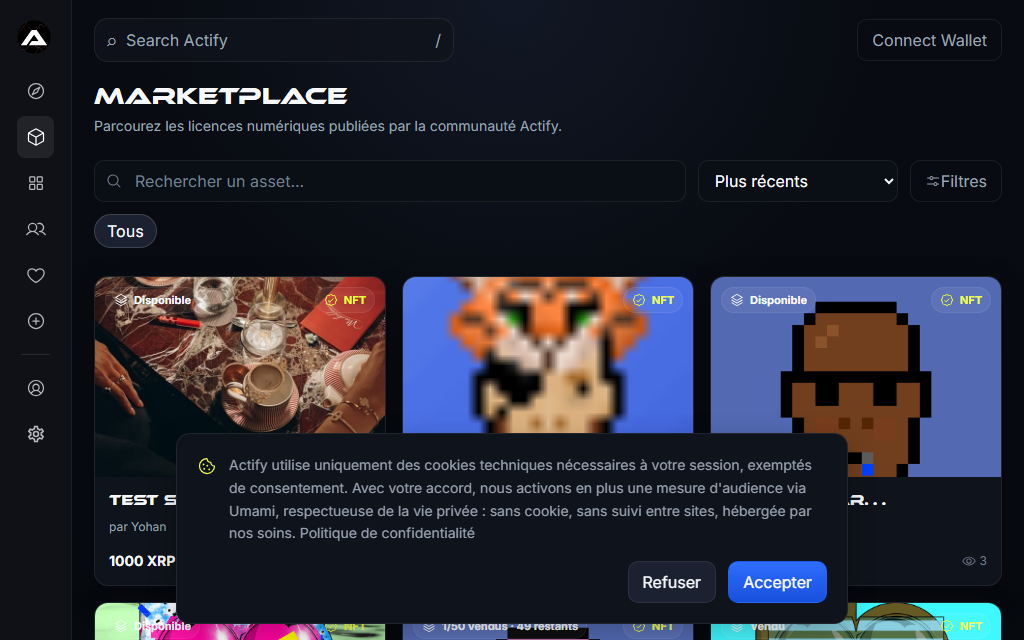 Actify's public marketplace listing page, showing a searchable grid of asset cards with NFT badges, availability status, and prices denominated in XRP