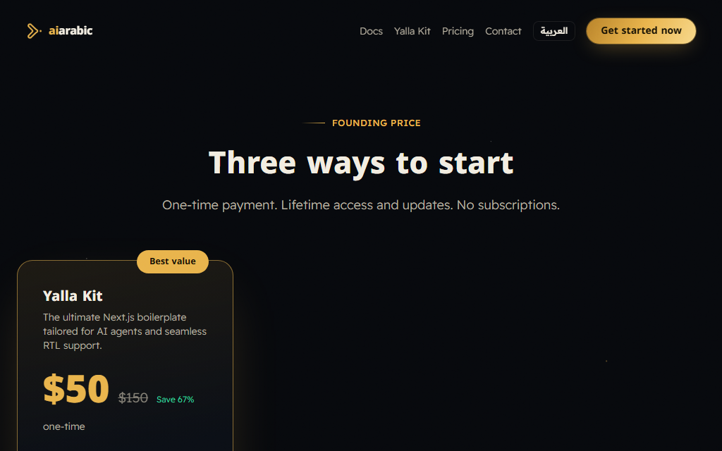 Yalla Kit's pricing page, showing a Best value card priced at $50 struck through from $150 with a Save 67% label, marked one-time, under a Three ways to start headline